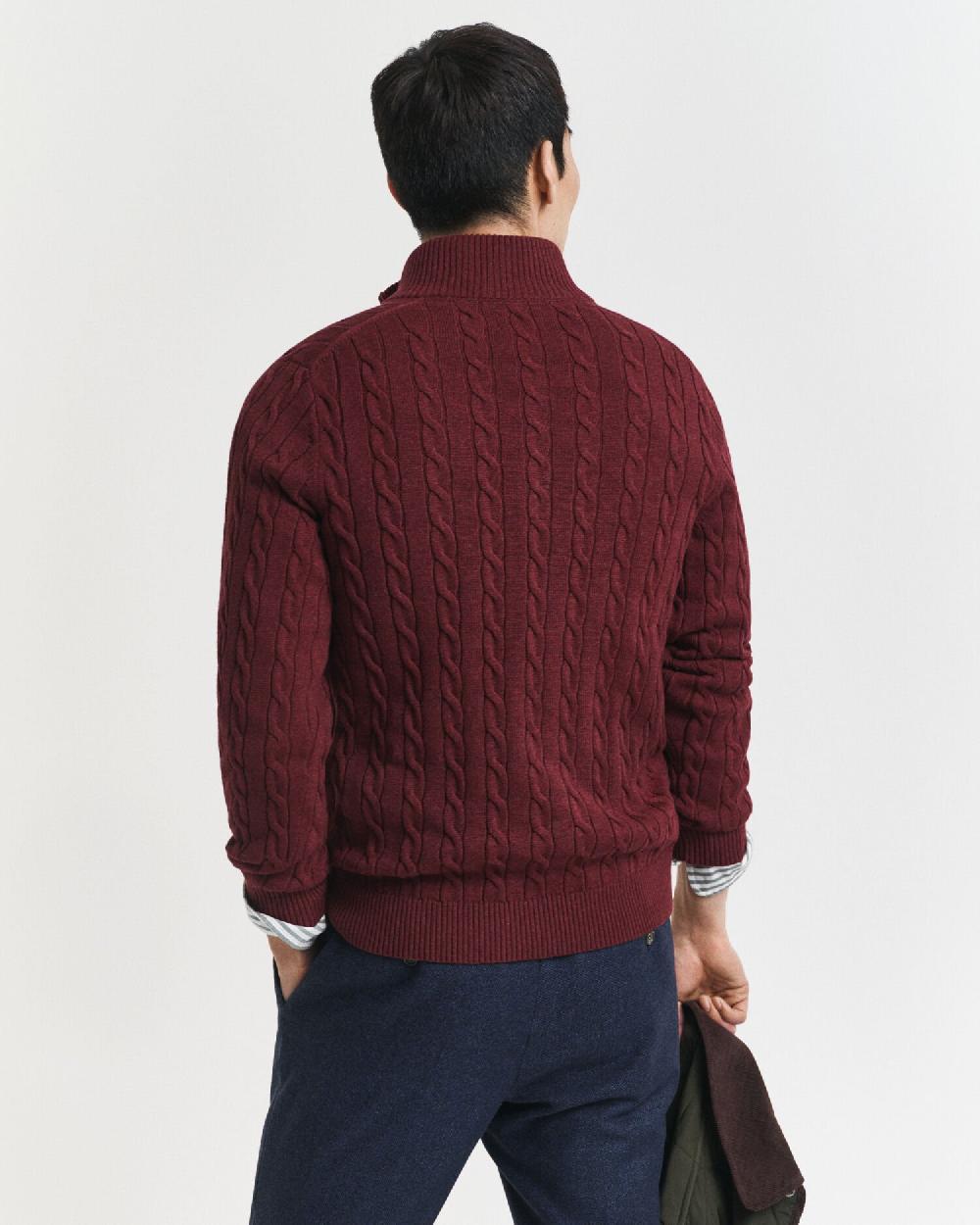 Gant Cotton Cable Knit Half-Zip Sweater Bordeaux Melange