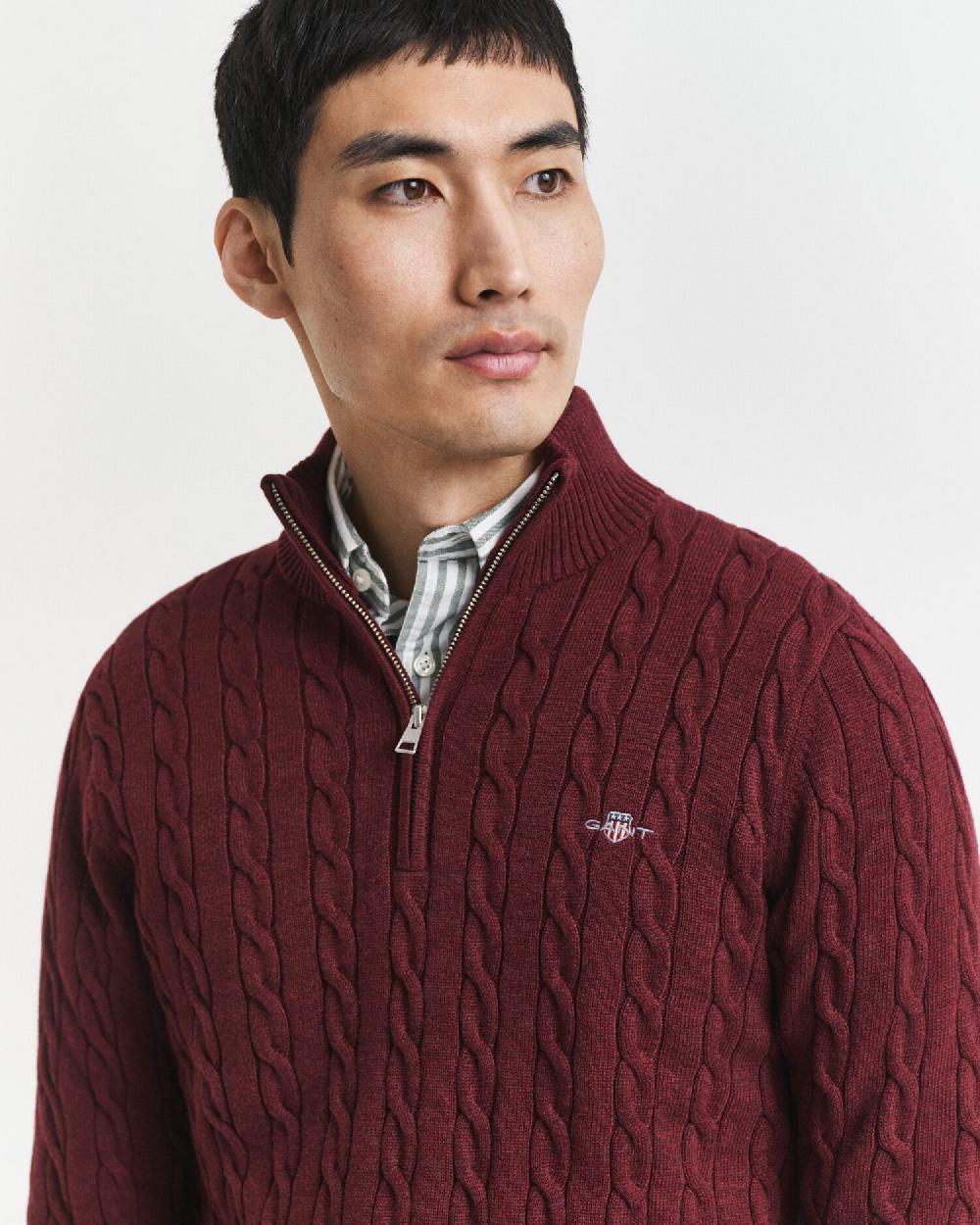 Gant Cotton Cable Knit Half-Zip Sweater Bordeaux Melange