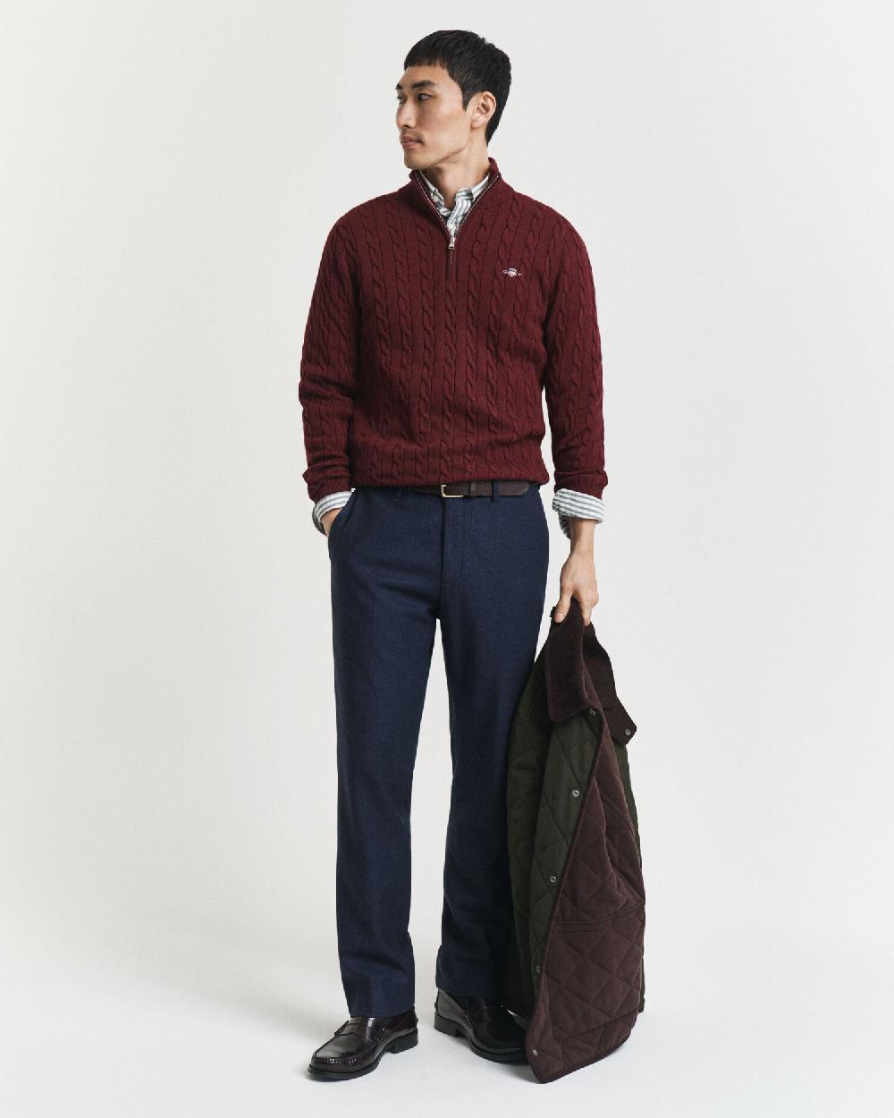 Gant Cotton Cable Knit Half-Zip Sweater Bordeaux Melange