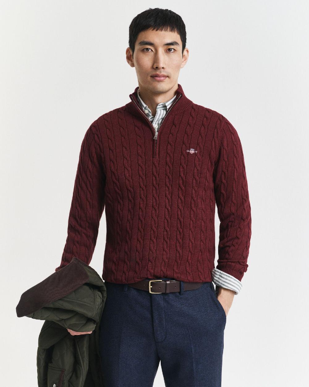 gant Cotton Cable Knit Half-Zip Sweater bordeaux melange