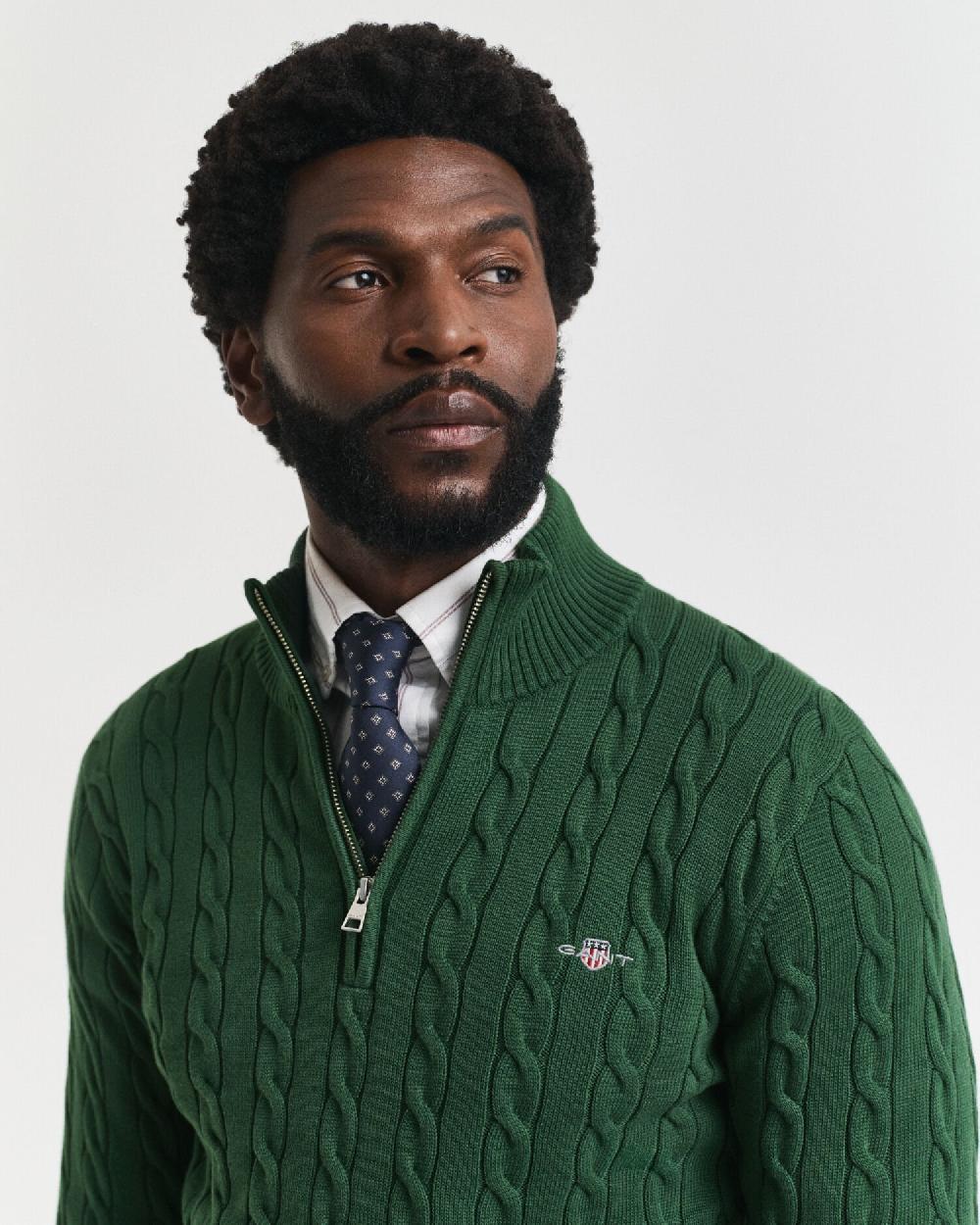 Gant Cotton Cable Knit Half-Zip Sweater Forest Green