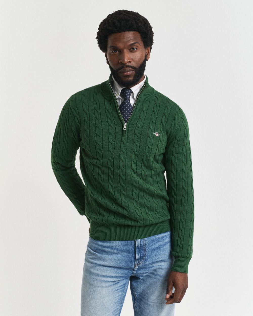 gant Cotton Cable Knit Half-Zip Sweater forest green