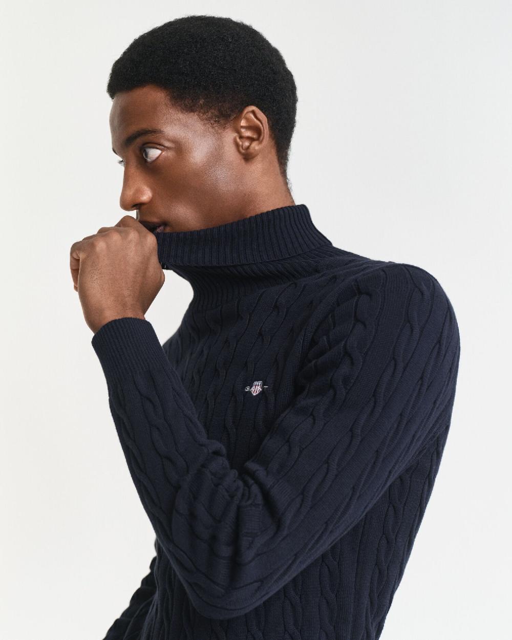 Gant Cotton Cable Knit Turtleneck Sweater Evening Blue
