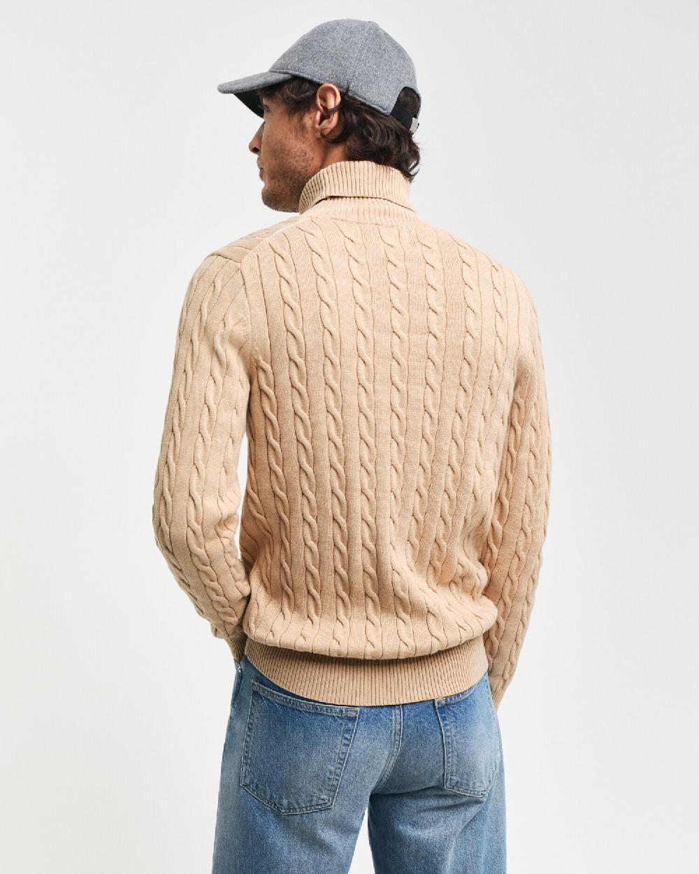 Gant Cotton Cable Knit Turtleneck Sweater Khaki Melange