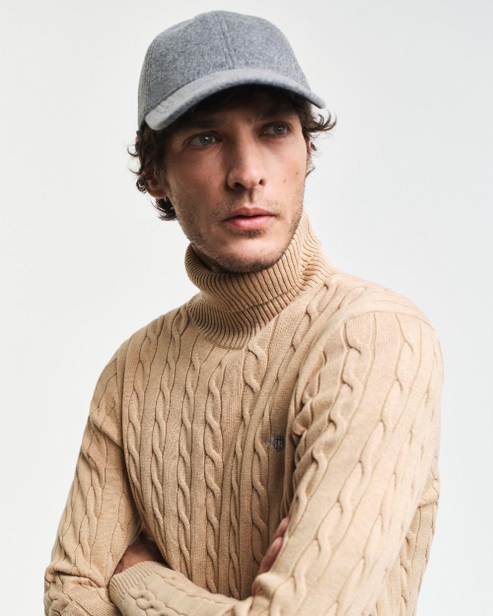 Gant Cotton Cable Knit Turtleneck Sweater Khaki Melange