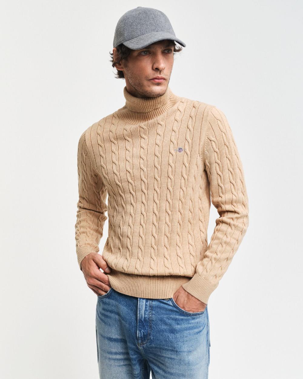 gant Cotton Cable Knit Turtleneck Sweater khaki melange