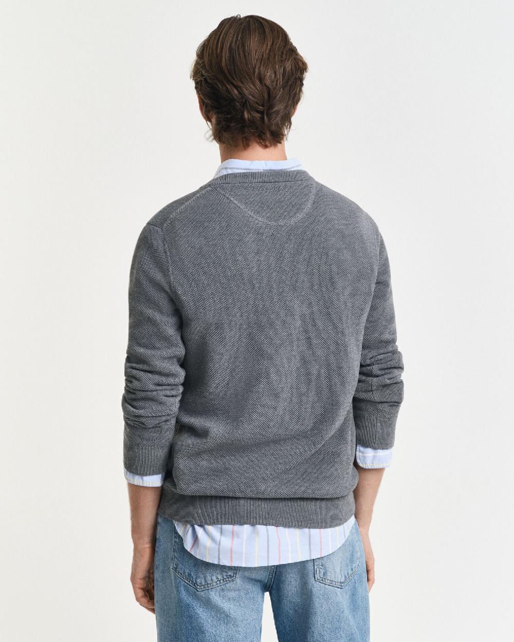 Gant Cotton Piqué Crew Neck Sweater Dark Grey Melange