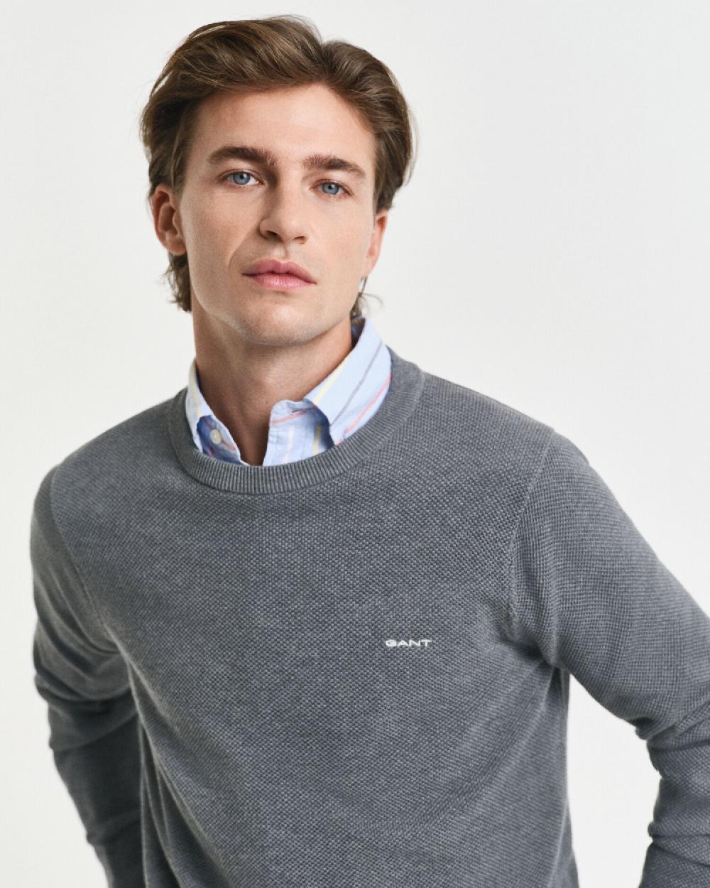 Gant Cotton Piqué Crew Neck Sweater Dark Grey Melange