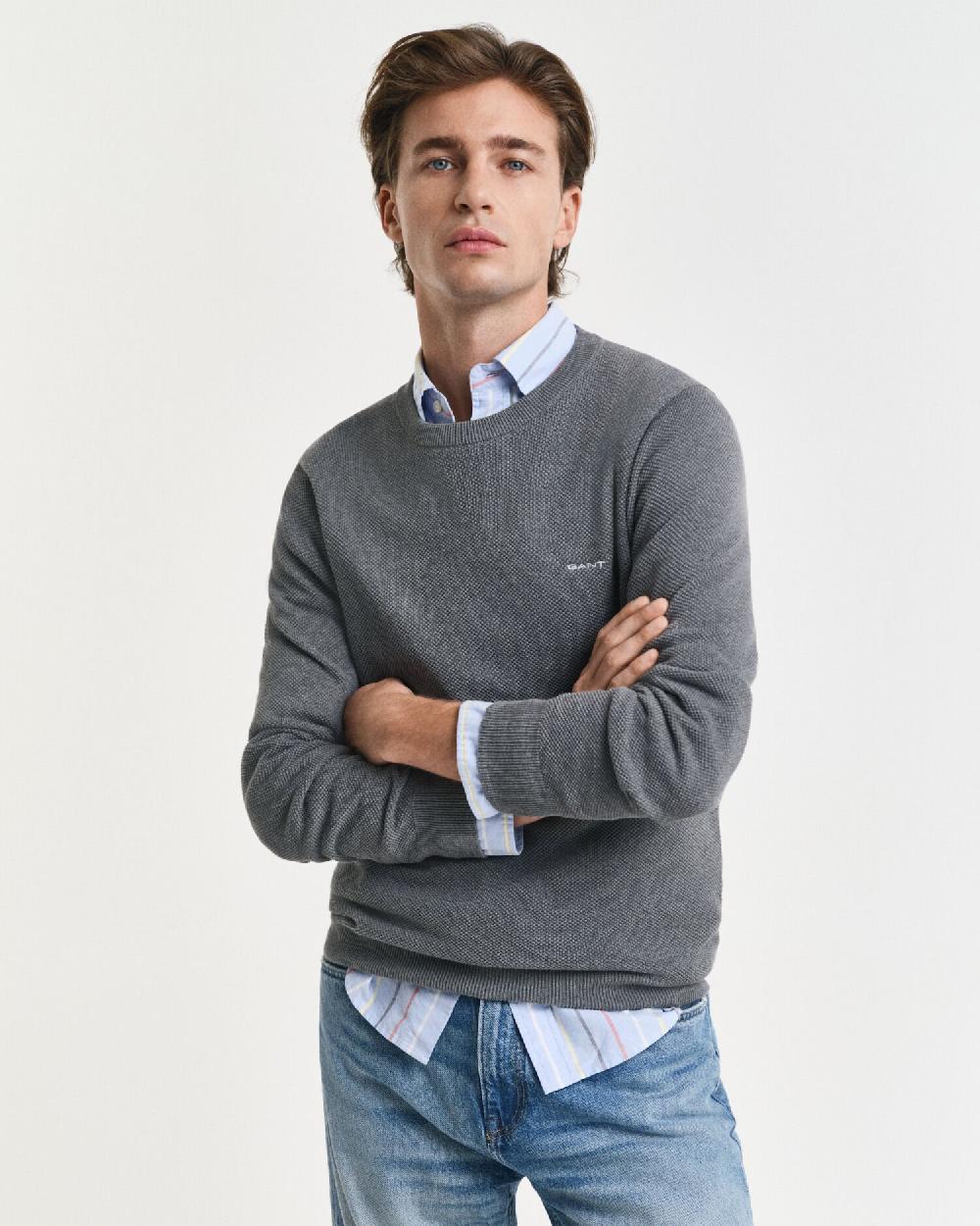 gant Cotton Piqué Crew Neck Sweater dark grey melange