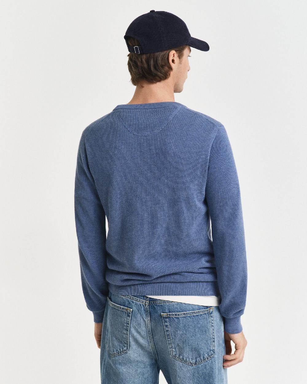 Gant Cotton Piqué Crew Neck Sweater Denim Blue Melange