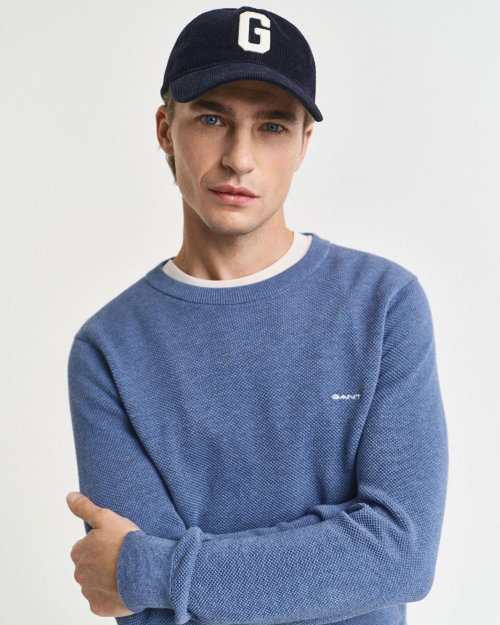 Gant Cotton Piqué Crew Neck Sweater Denim Blue Melange