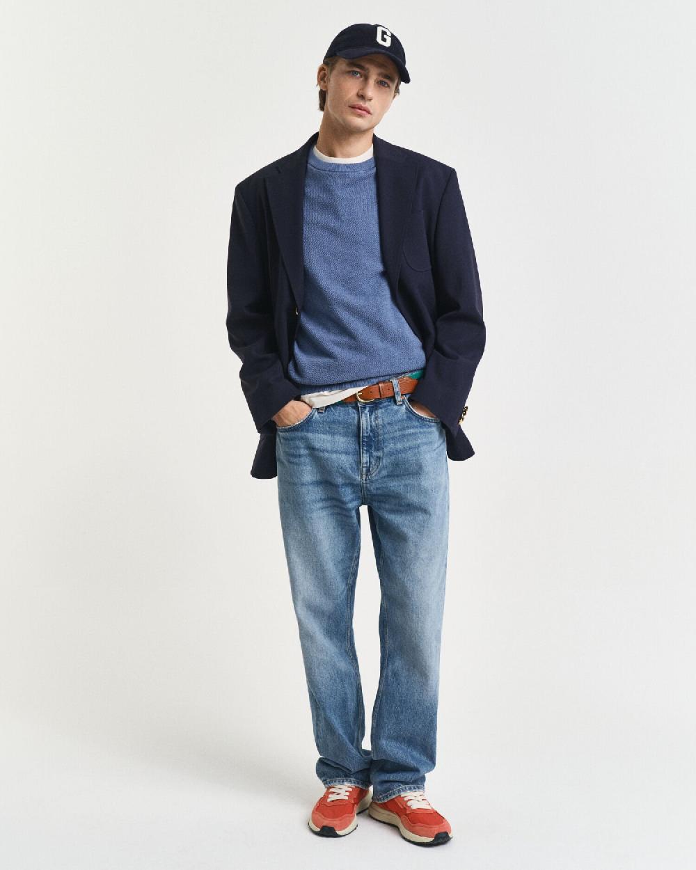 Gant Cotton Piqué Crew Neck Sweater Denim Blue Melange