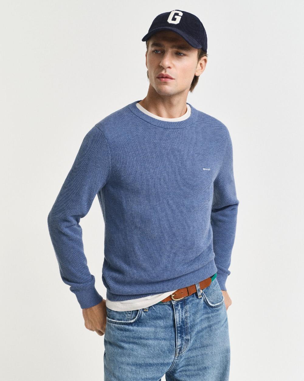 gant Cotton Piqué Crew Neck Sweater denim blue melange