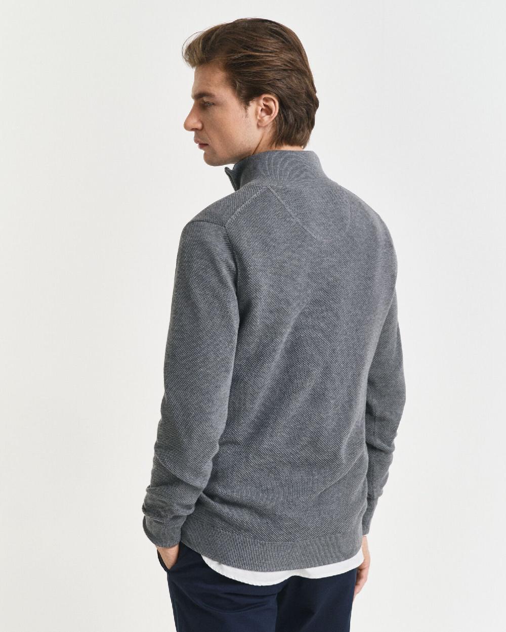 Gant Cotton Piqué Half-Zip Sweater Dark Grey Melange