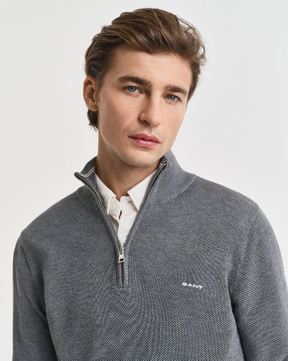 Gant Cotton Piqué Half-Zip Sweater Dark Grey Melange