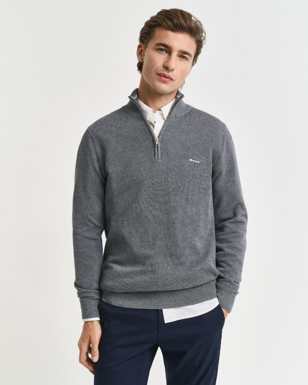 gant Cotton Piqué Half-Zip Sweater dark grey melange
