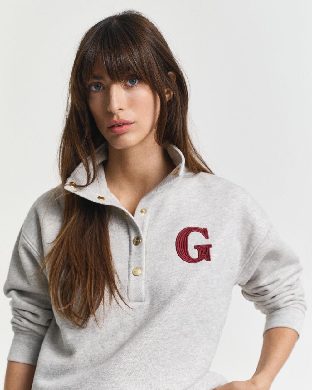 Gant G-Badge Half Button-Up Sweatshirt Light Grey Melange