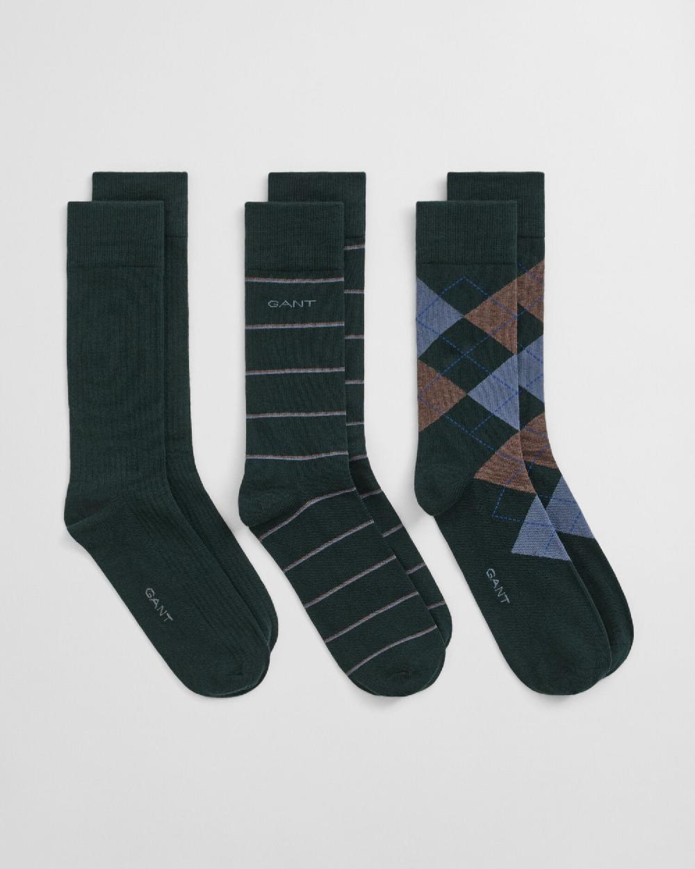 gant 3-Pack Argyle & Striped Socks tartan green