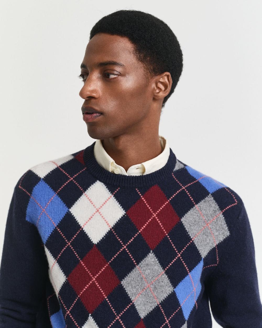 Gant Argyle Crew Neck Sweater Dark Navy Melange