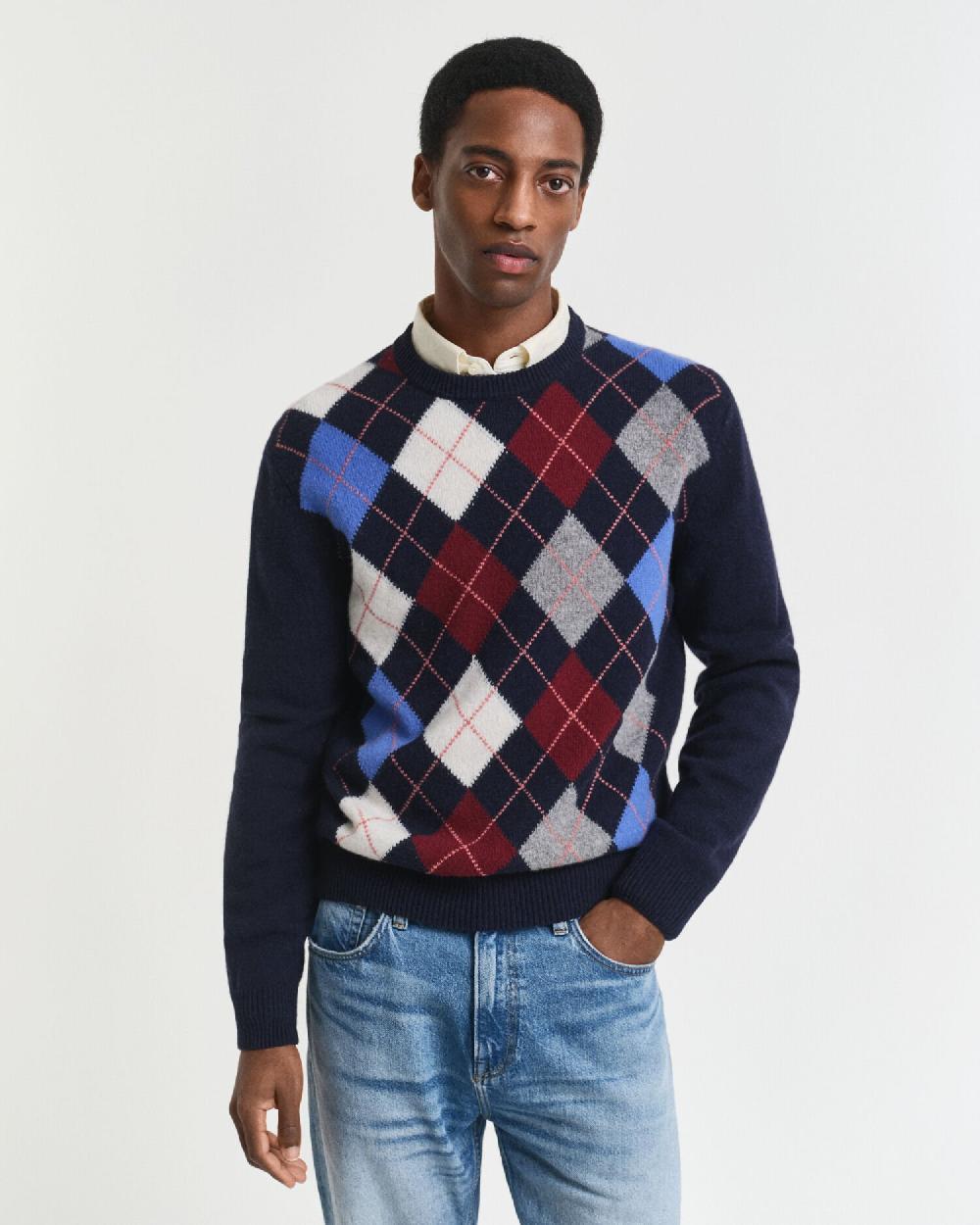 gant Argyle Crew Neck Sweater dark navy melange