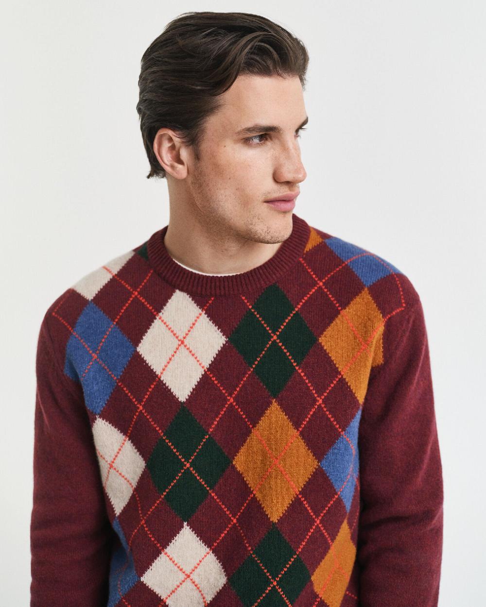 Gant Argyle Crew Neck Sweater Winter Wine