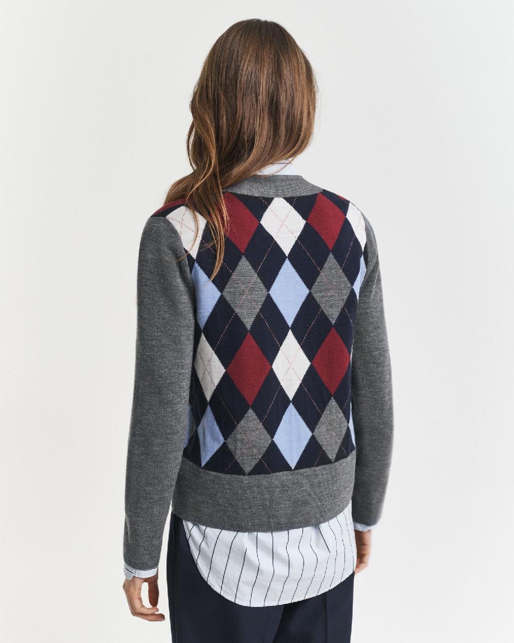 Gant Argyle V-Neck Cardigan Charcoal Melange