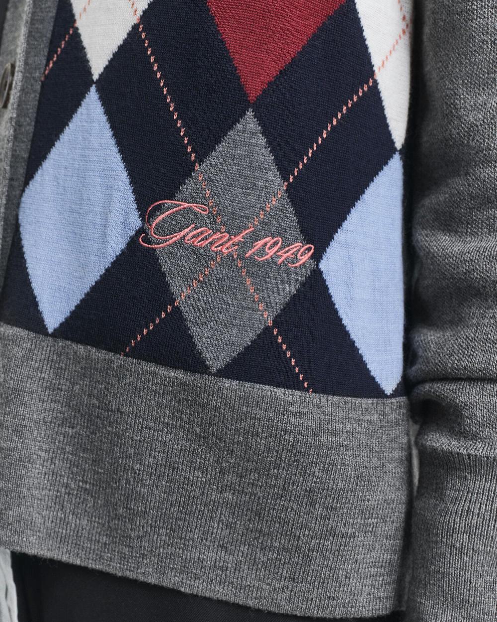 Gant Argyle V-Neck Cardigan Charcoal Melange