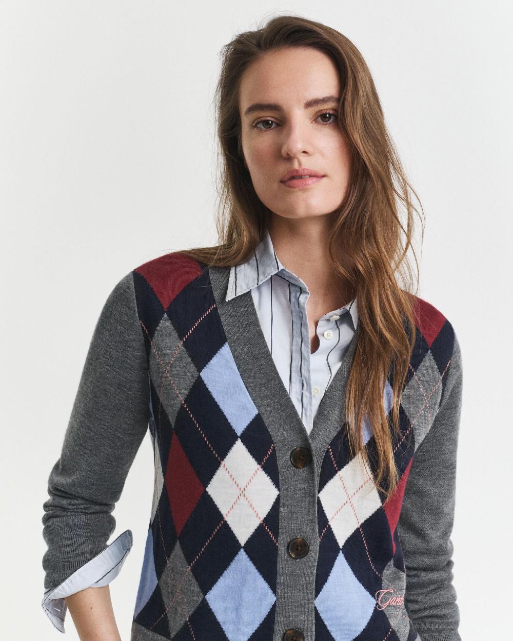 Gant Argyle V-Neck Cardigan Charcoal Melange