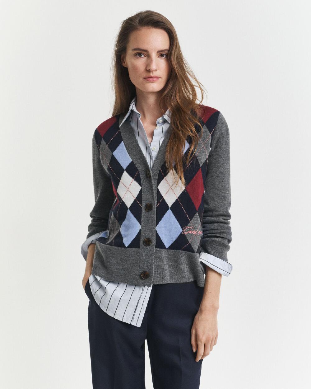 gant Argyle V-Neck Cardigan charcoal melange
