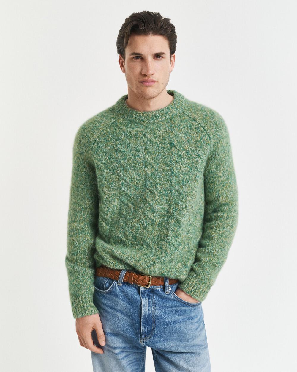 gant Cable Knit Crew Neck Sweater forest green