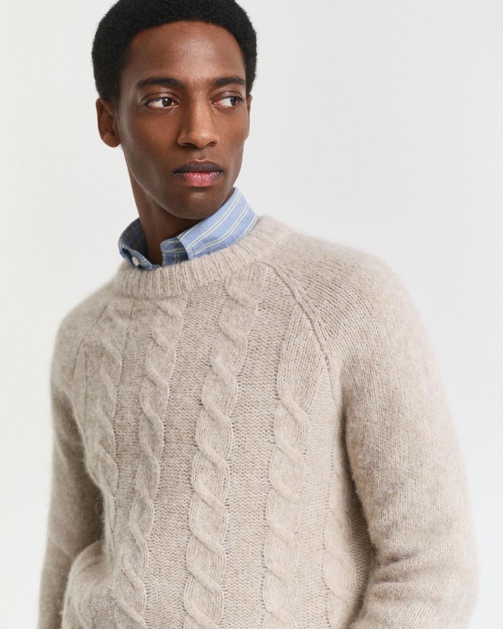 Gant Cable Knit Crew Neck Sweater Seed Melange