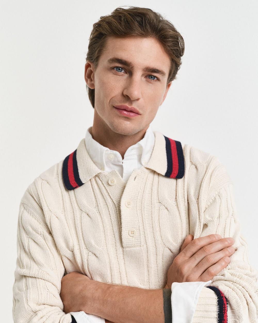 Gant Cable Knit Polo Sweater Cream