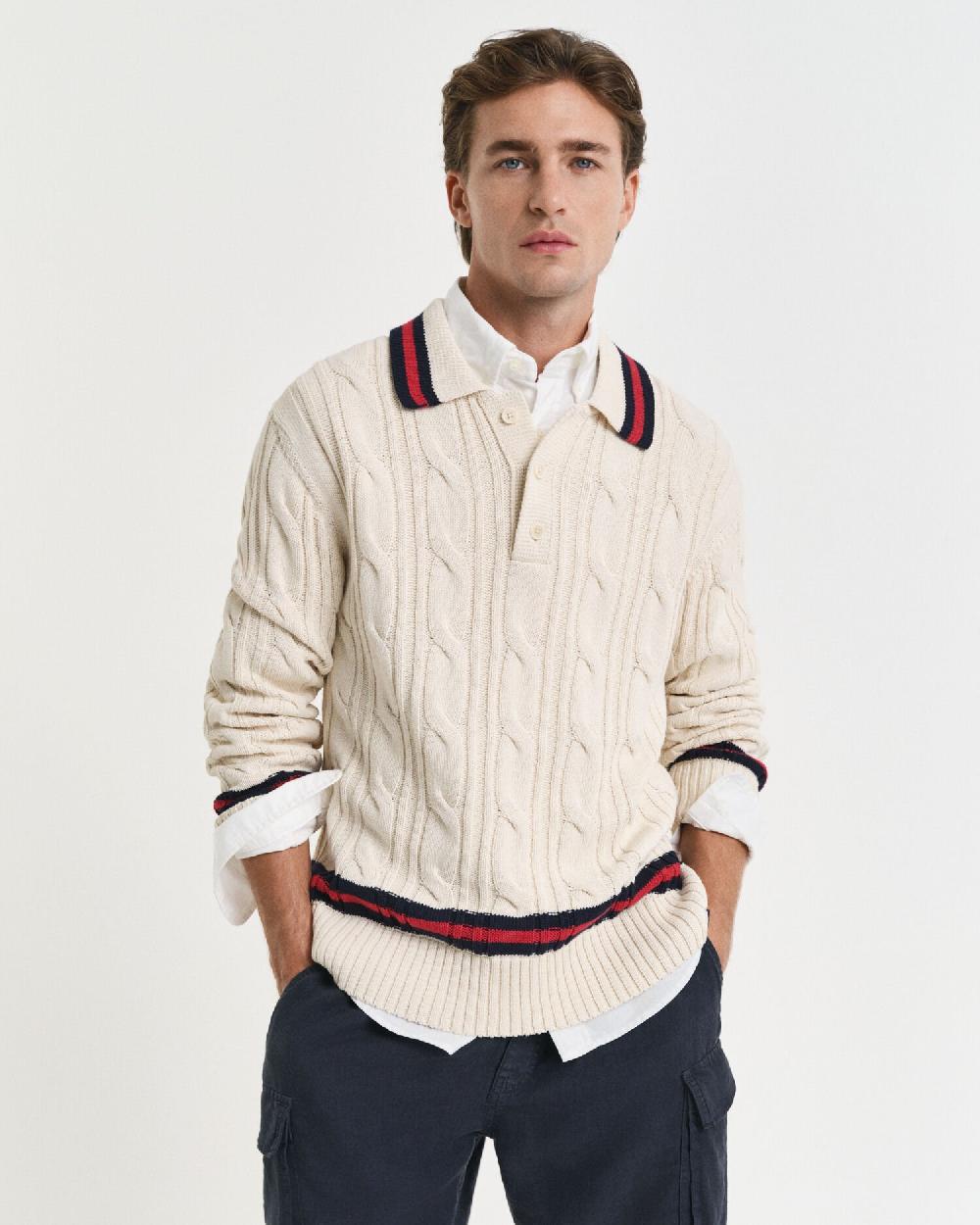 gant Cable Knit Polo Sweater cream