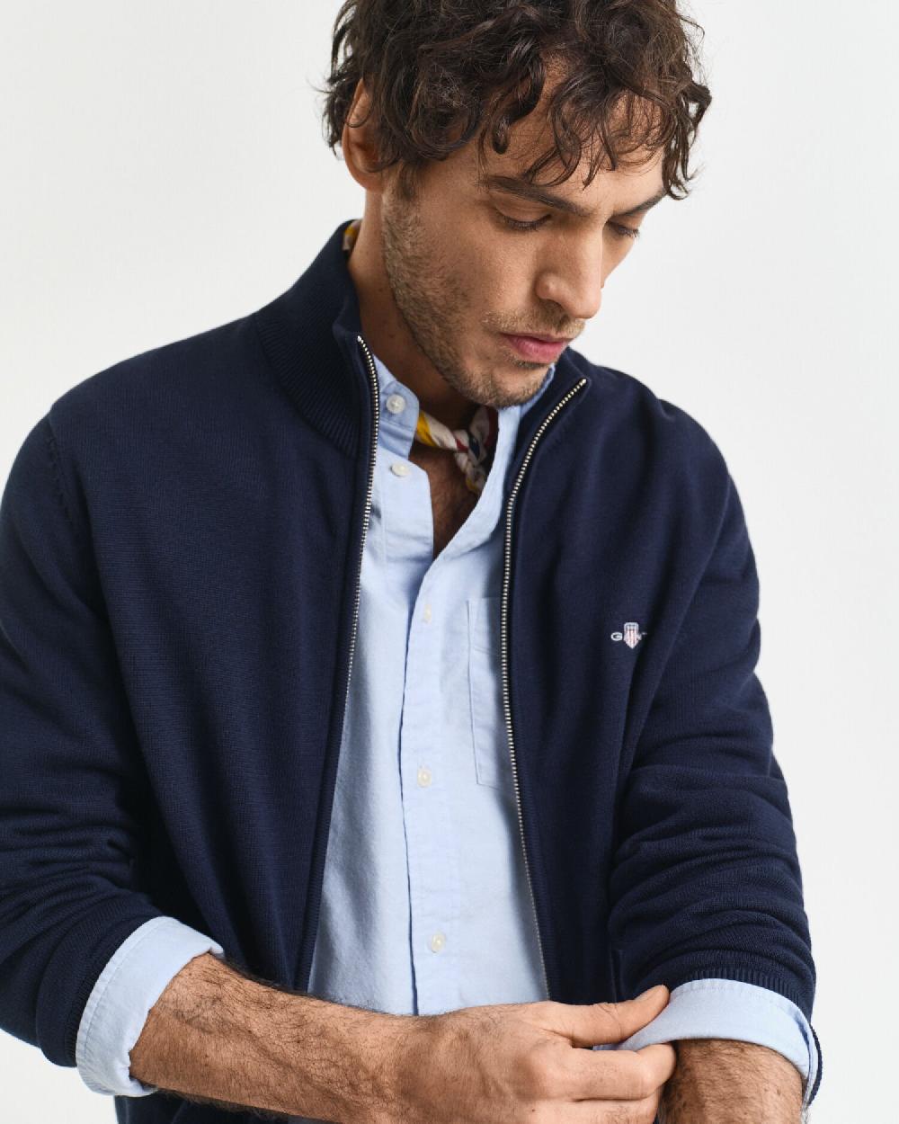 Gant Casual Cotton Zip Cardigan Evening Blue
