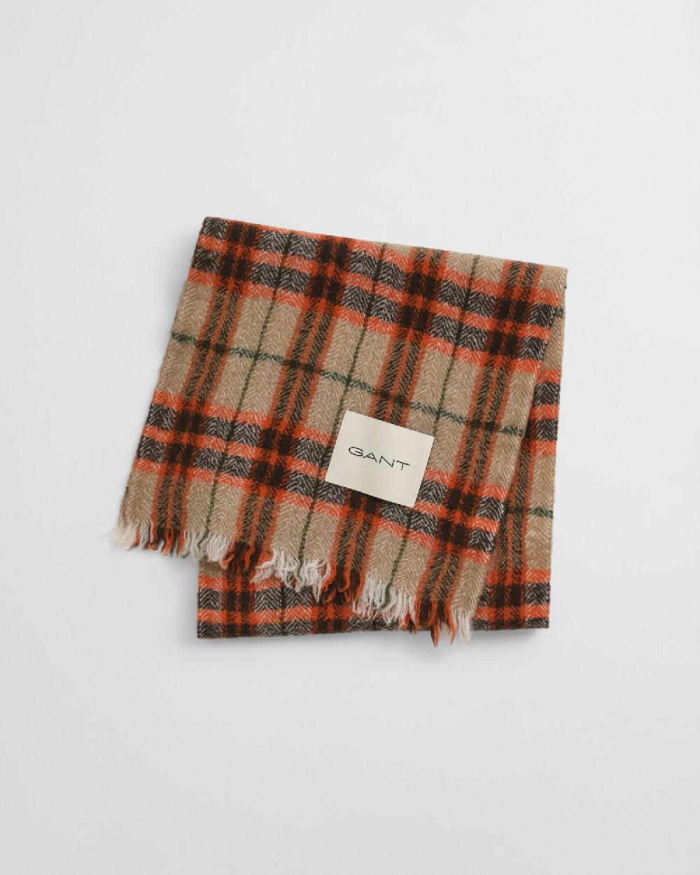 Gant Checked Wool Herringbone Scarf Deep Orange