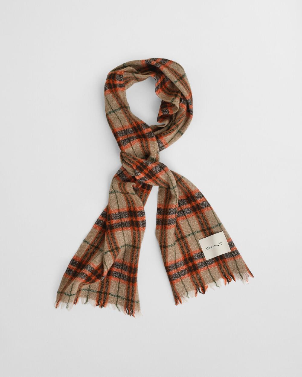 Gant Checked Wool Herringbone Scarf Deep Orange