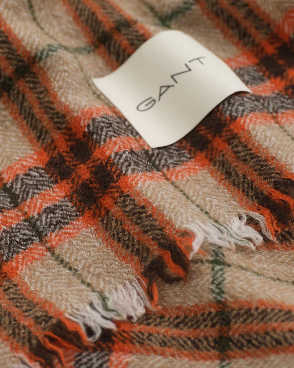 Gant Checked Wool Herringbone Scarf Deep Orange