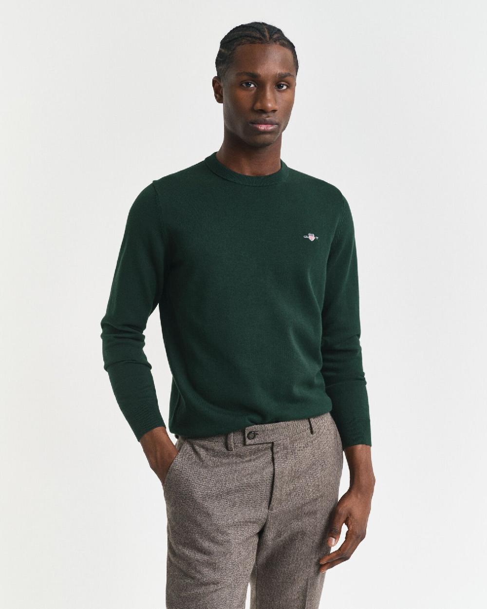 gant Classic Cotton Crew Neck Sweater tartan green