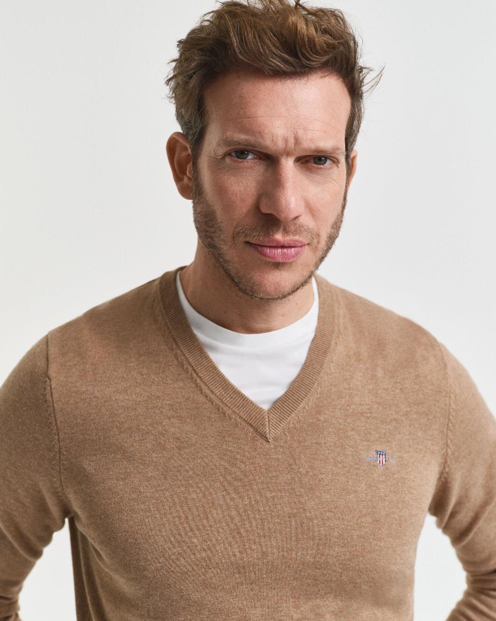 Gant Classic Cotton V-Neck Sweater Dk Sand Melange