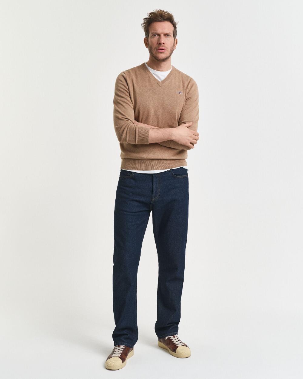 Gant Classic Cotton V-Neck Sweater Dk Sand Melange