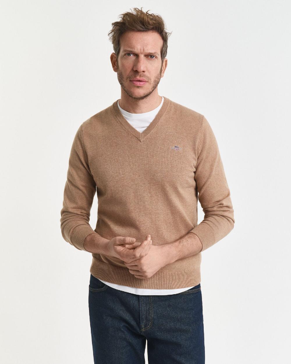 gant Classic Cotton V-Neck Sweater dk sand melange