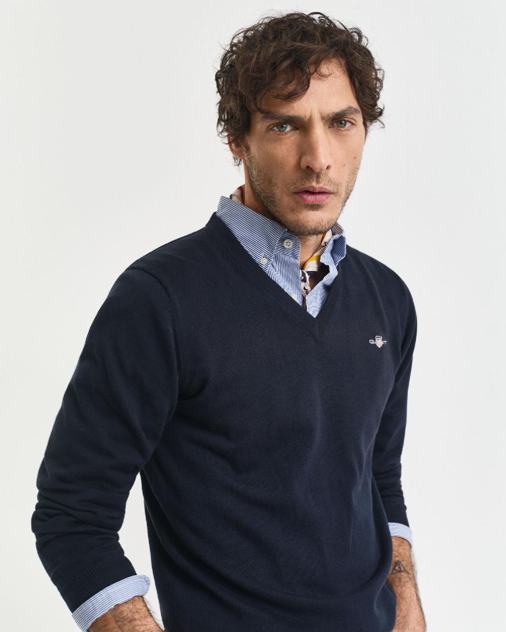 Gant Classic Cotton V-Neck Sweater Evening Blue