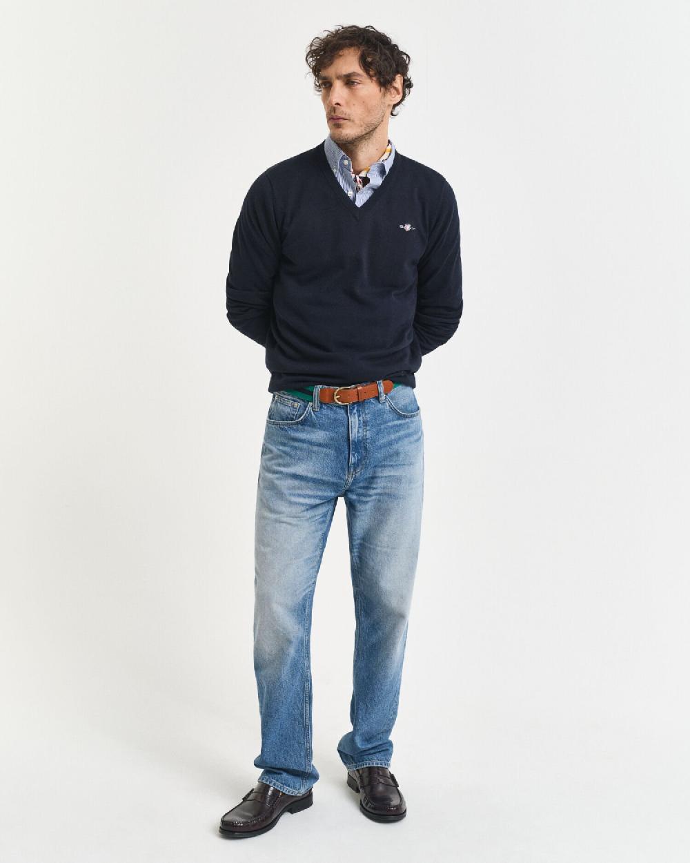 Gant Classic Cotton V-Neck Sweater Evening Blue