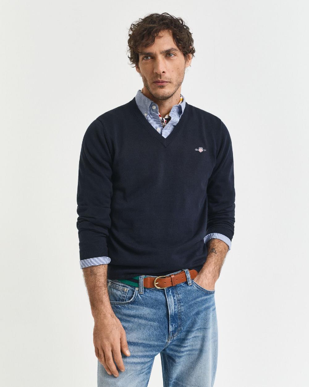 gant Classic Cotton V-Neck Sweater evening blue
