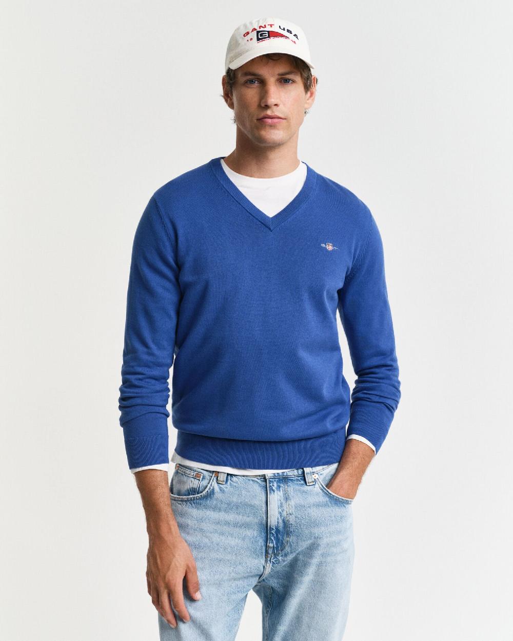 gant Classic Cotton V-Neck Sweater rich blue