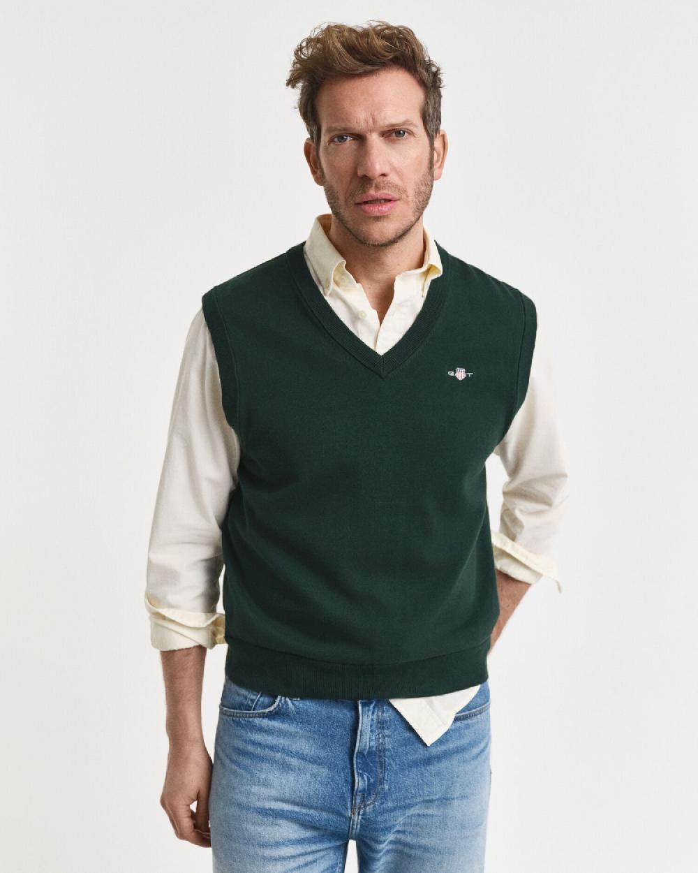gant Classic Cotton Vest tartan green