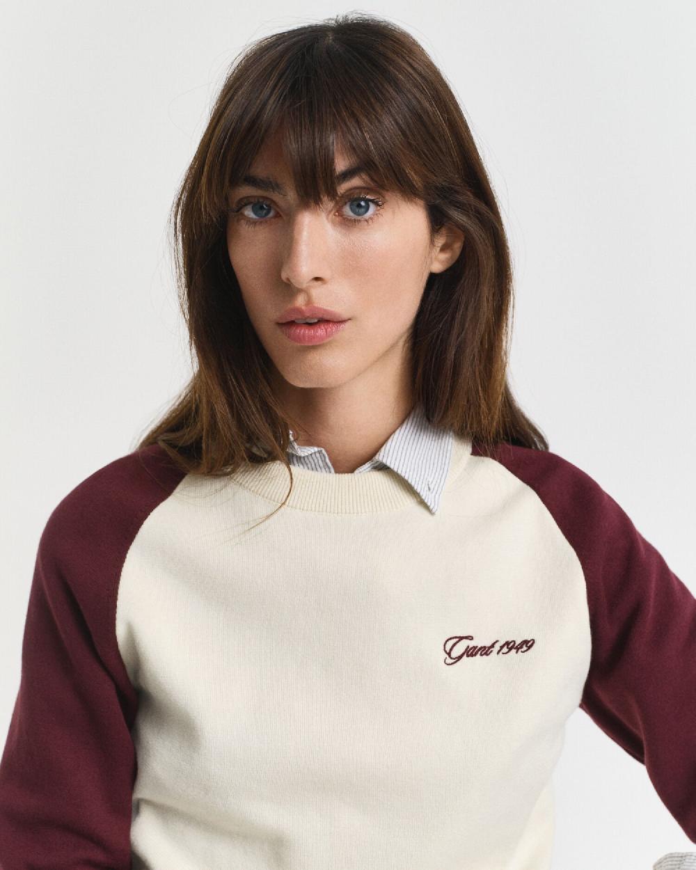Gant Color Blocked Crew Neck Sweater Plum Wine
