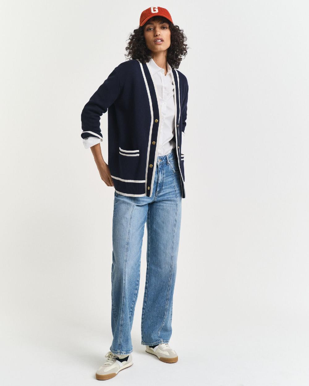 Gant Contrast Knit Cardigan Evening Blue