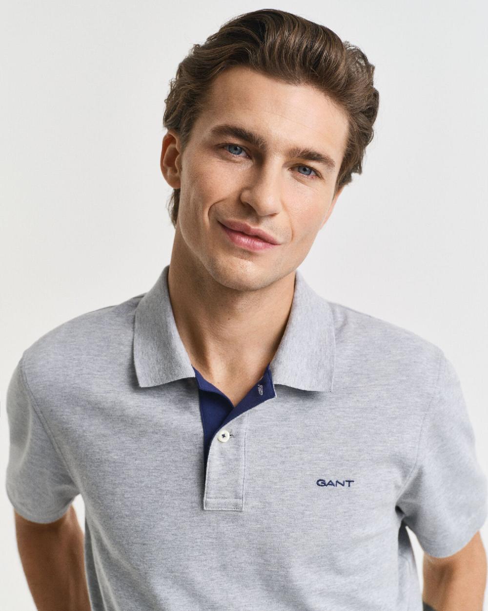 Gant Contrast Piqué Polo Shirt Grey Melange