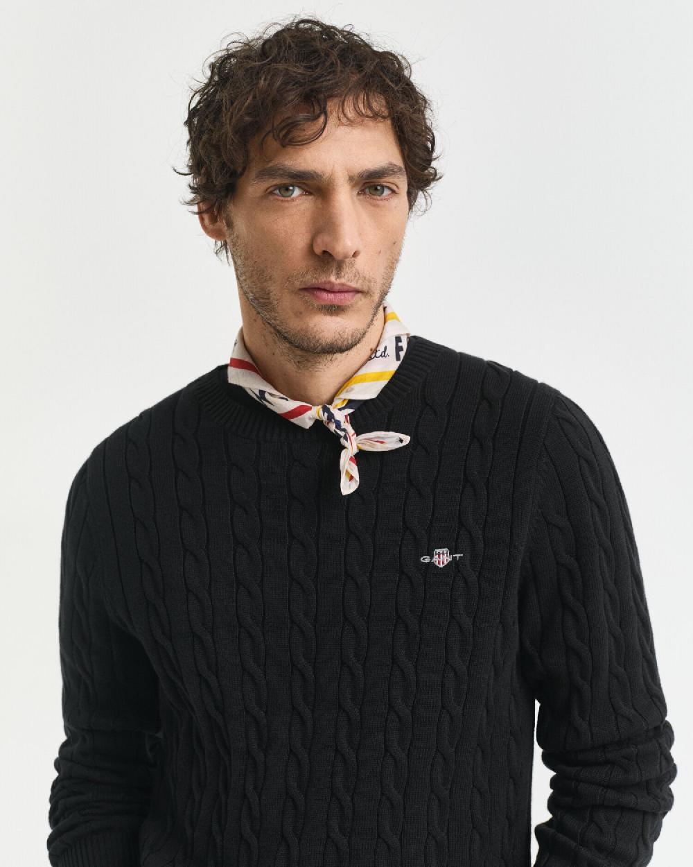 Gant Cotton Cable Knit Crew Neck Sweater Black